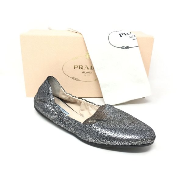 Women's Prada Slip On Loafers Flats Shoe Size 40 EU/10 US Silver Crackle Leather - Picture 1 of 10